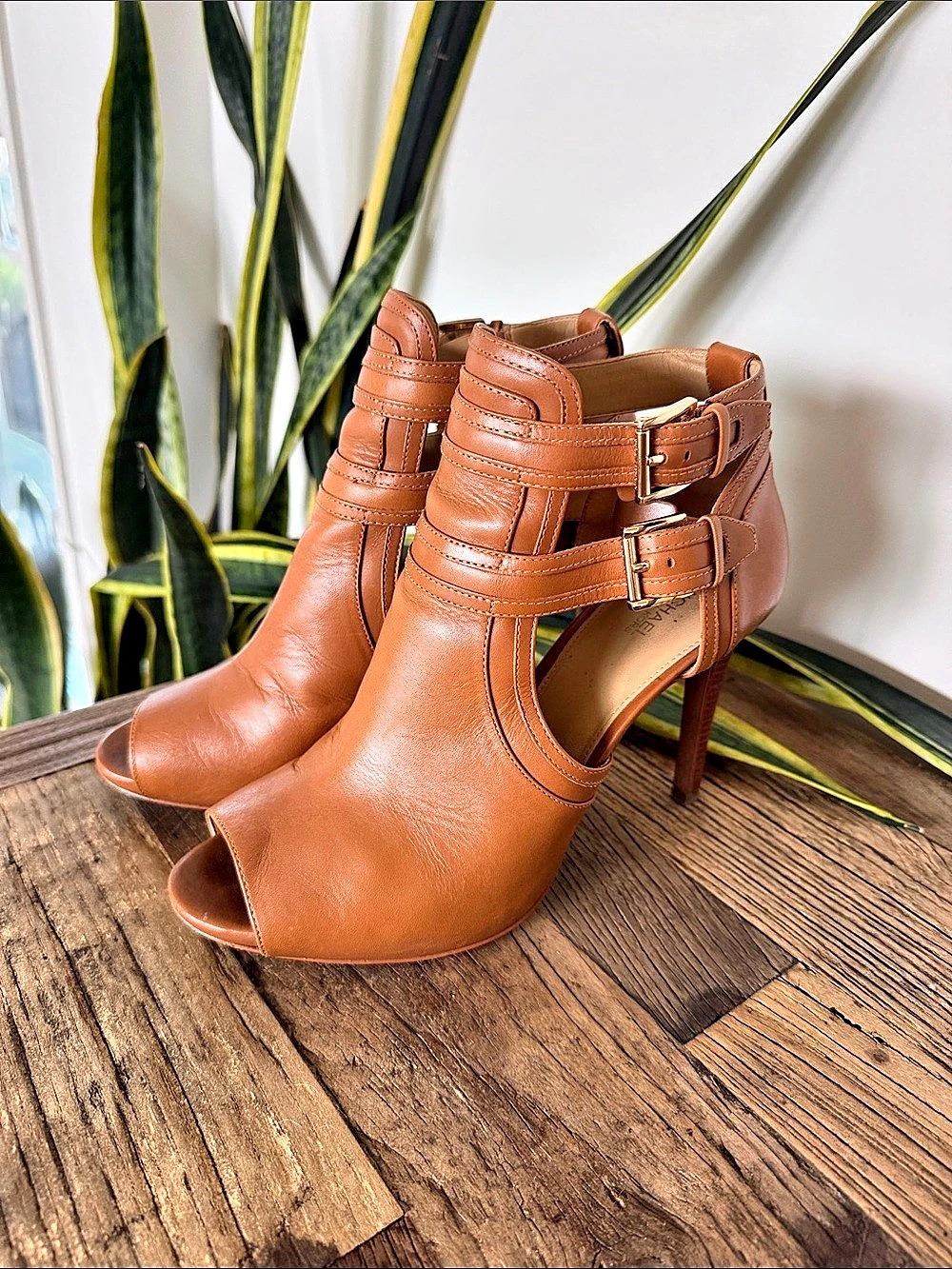 Michael Kors Blaze Open-Toe Ankle Boot Brown Leather Heels_Size 10